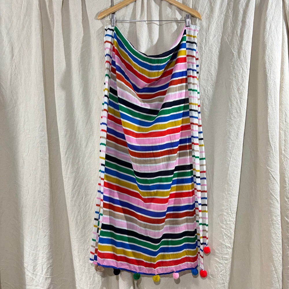 J.Crew Multi Color Striped Pom Pom Scarf Cotton Wrap Rainbow Shawl 24x80